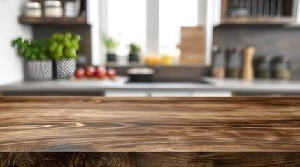 Wood table top on blurry kitchen counter, Kitchen utensils blurred in background, copy and text space, 16:9