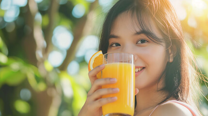Young Asian woman drinking orange juice