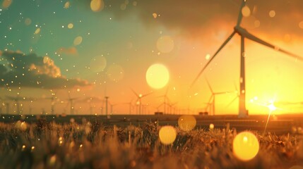 blurry background Wind turbines and solar systems, copy and text space, 16:9