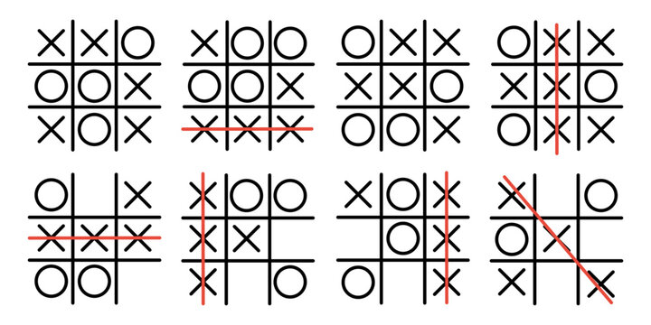 Set tic tac toe in hand drawn style. X-O game. Editable stroke.