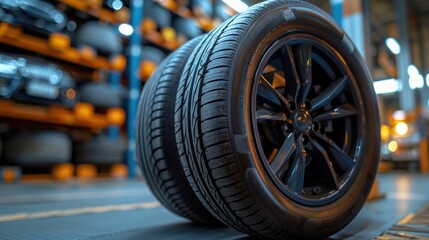 A warehouse of new tires in stock is available at many service centers or auto repair shops. Car repair service center Changing tires and installing tires