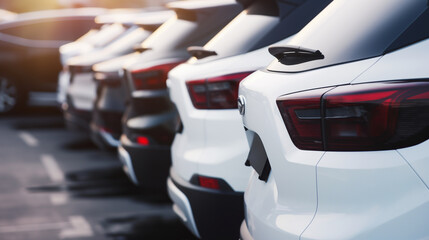 Row of new vehicles parked at automotive dealership tail lights angle view, Cars for sale in line at car dealer parking lot