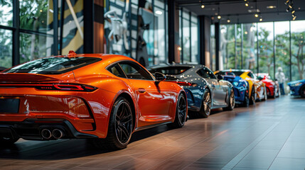 A new car showroom displays luxurious and beautiful vehicles. The gleaming exterior and luxurious interior invite you to experience riding in style. A new car warehouse is on hand.