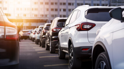 Row of new SUV vehicles in dealership parking lot, Cars parked in line side and rear view, Elegant car dealer inventory