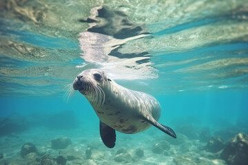 Fototapeta premium Sea Lion Underwater: A curious sea lion, its whiskers twitching, swims through crystal-clear blue water, creating a mesmerizing underwater scene. Its inquisitive gaze invites viewers to explore the be