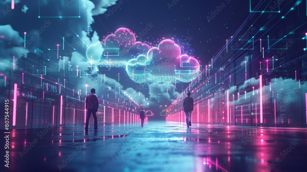 Poster futuristic cloud computing network visualization.