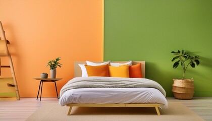 Bed against vibrant orange and green wall with copy space. Minimalist interior design of modern bedroom