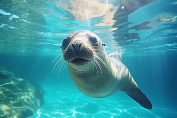 Obraz premium Curious Seal Pup: Underwater Gaze in Tranquil Turquoise Waters.