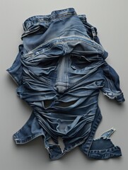 Jeans in the shape of face. Human face made from denim on white background.