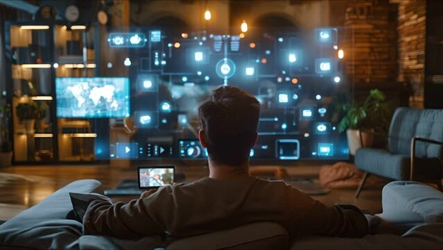 A man sits on a couch and gazes at a wall sized screen displaying a futuristic user interface.
