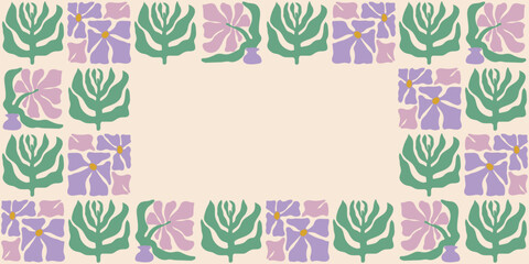 Colorful retro style rectangular frame featuring lavender flowers and leaves. Vintage style hippie clipart element design collection. Hand drawn nature collage, summer blank template with flowers.