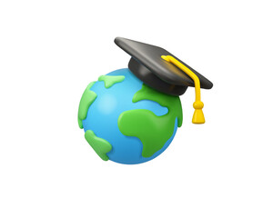Study abroad vector 3d icon. Earth globe with graduation cap in simple style, isolated on white background. Back to school or exchange student cartoon concept.