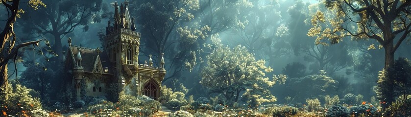 Enchanted forest themed wedding invitation mockup, showcasing a fairytale castle in a mystical woodland setting