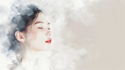 background abstract, digital art. beautiful Asian woman, a lecturer, with white skin, empty space for writing.