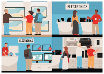 Set of electrical goods store flyers with characters.