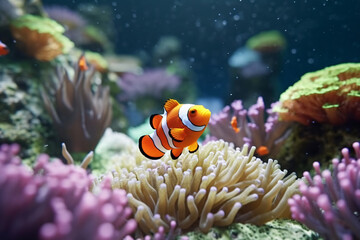 Underwater marine life with colorful clownfish in an aquarium