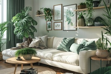 A living room with plants and art on the walls.