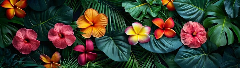 Obraz premium Tropical paradise themed wedding invitation blank mockup, with exotic flowers and vibrant foliage, perfect for destination weddings