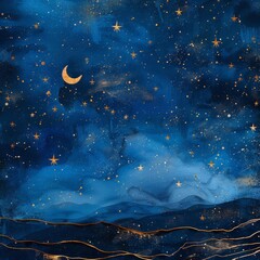 Starry night sky background on an invitation card blank mockup, with constellations and metallic ink, suited for celestial theme