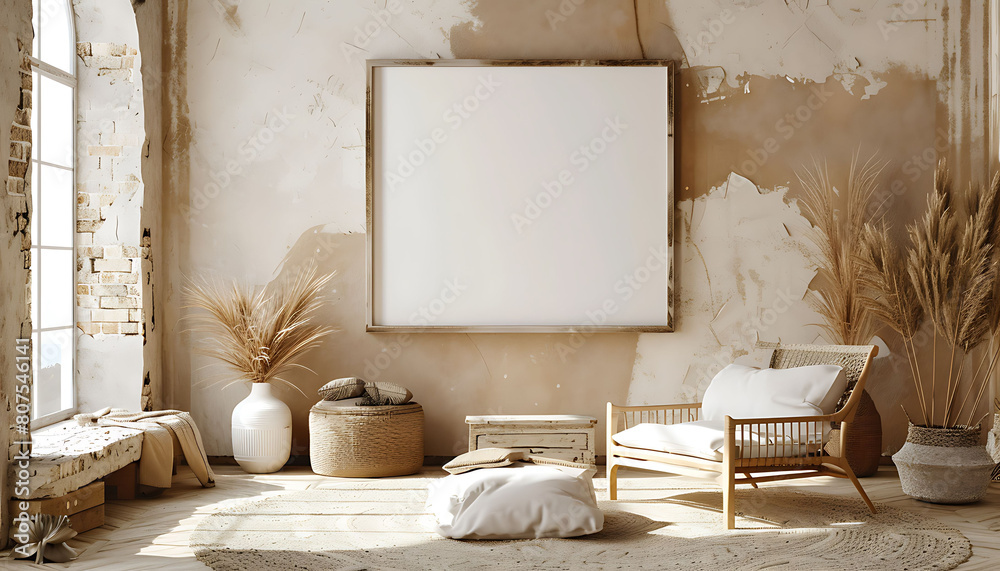 Aufkleber nomadic boho style in a modern interior mockup with a rustic beige background with white frame