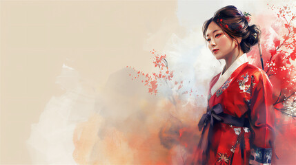 background abstract, digital art. beautiful woman from Korea, wearing traditional clothes, empty space for writing.