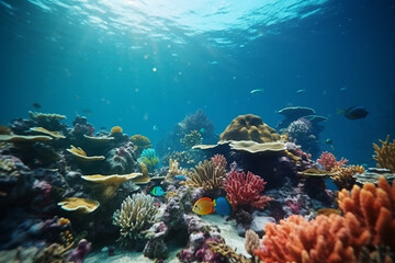 Obraz premium Underwater Diver Explores Vibrant Coral Reef in the Red Sea