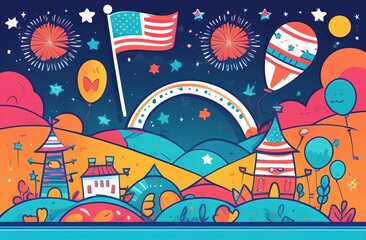 Picture, coloring book. The house, fireworks and the US flag. On Memorial Day or July 4th. The celebration of Independence Day. Firework