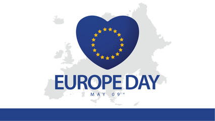 Europe day. Vector illustration of a heart shaped european flag. Suitable for banners, web, social media, greeting cards etc