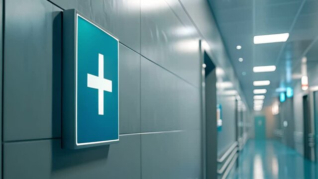 Hospital hallway with a blue glowing cross sign on the wall