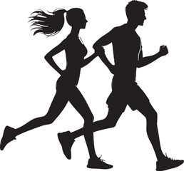 silhouette of a running couple vector illustration, active man and woman jogging together clipart graphic, side view