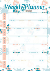 Weekly planner with snowflakes and winter elements, vector illustration