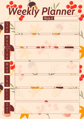 Weekly planner with autumn plants, berries, acorns and leaves