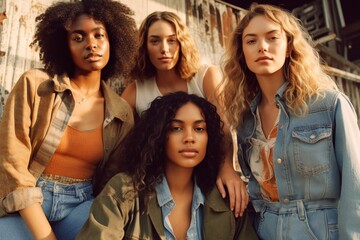 diverse group of young women models posing with modern clothes, portrait of fashion girls looking at camera with confidence