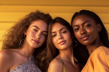 portrait of three young diverse women group with a yellow background, fashion concept, looking at camera with confidence