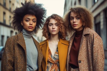 portrait of three women posing for a fashion brand, diverse group of girls wearing dresses in an urban setting