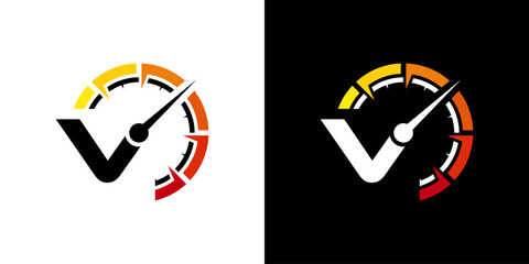 Letter V racing logo, with logo speedometer for racing, workshop, automotive