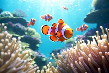 Colorful tropical fish swim amongst vibrant coral reefs in the clear blue ocean