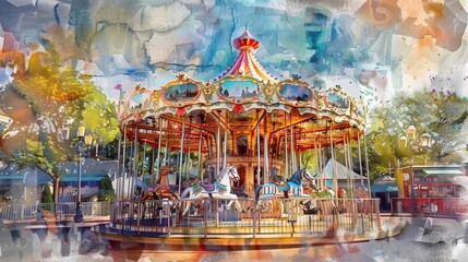 crystal carousel surrounded by lush green trees in a painting