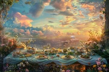 Immerse in an Impressionist world where Cybersecurity Trends and Culinary Arts collide in a panoramic view Showcase digital CG 3D elements blending with oil-painted dishes under a