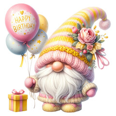 Cute cartoon gnome holding a present and  balloons. The perfect image to use for a birthday card or invitation.