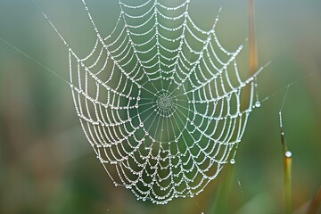 Delicate spiderweb adorned with countless dewdrops, creating a mesmerizing pattern against a blurred natural background.