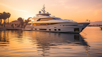Capture the essence of a lavish yacht party: golden hour hues, elegant guests