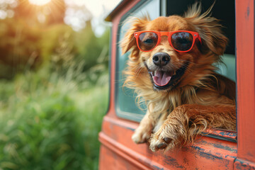 A cute dog wearing sunglasses is hanging out the car window, smiling and enjoying his ride on an autumn day on a forest road. Created with Ai