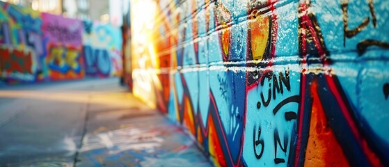 Graffiti, vibrant colors, city walls transformed into vivid masterpieces, showcasing diverse styles Realistic, golden hour, Depth of field bokeh effect, Close-up shot