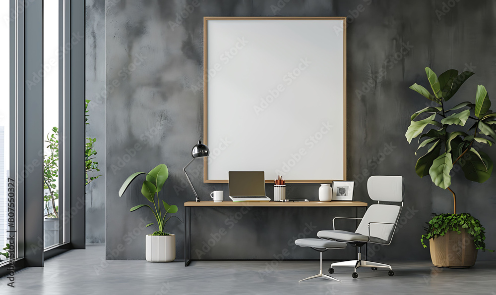 Poster stunning render showcasing minimalist style in a home office setting with a white frame mockup