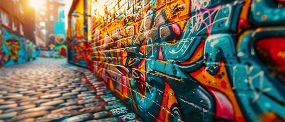 Graffiti, vibrant colors, city walls transformed into vivid masterpieces, showcasing diverse styles Realistic, golden hour, Depth of field bokeh effect, Close-up shot