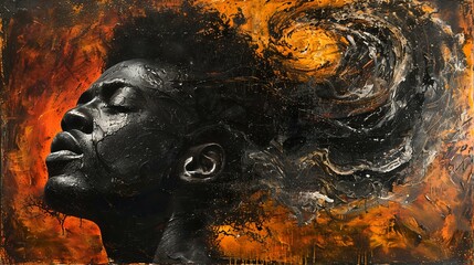 Dynamic abstract portrait of a black woman, her face partially obscured by textured elements
