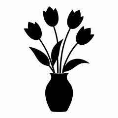 Elegant Tulips: Vector Silhouette in Vase on White Background
