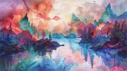 dreamscape featuring a serene lake surrounded by lush green trees, with a vibrant red flower adding a pop of color to the scene