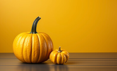 Orange pumpkin on yellow background with copy space for text. Halloween concept. Holiday decoration